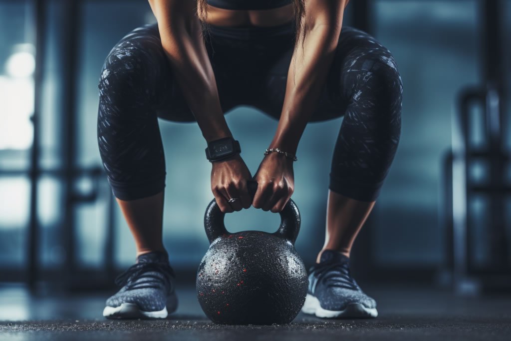 Person in squat position picking up a kettlebell